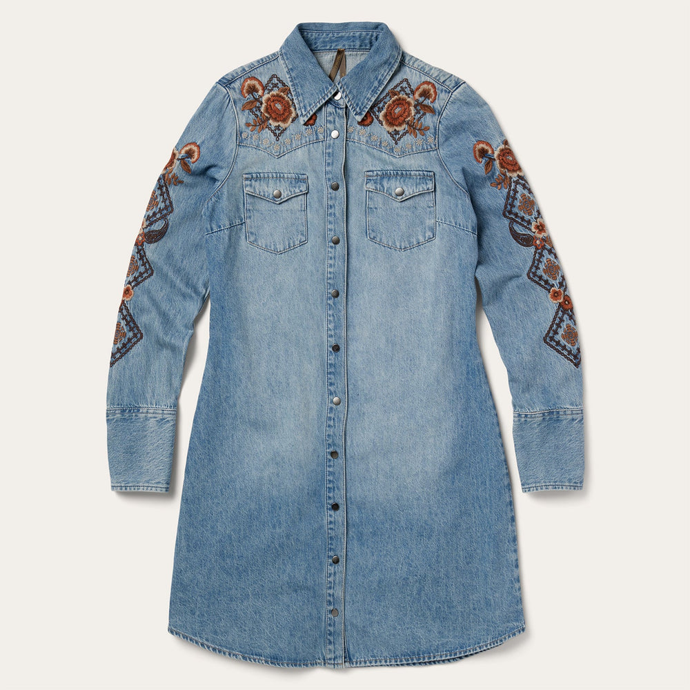 Floral Embroidered Denim Shirt Dress Blue | Stetson