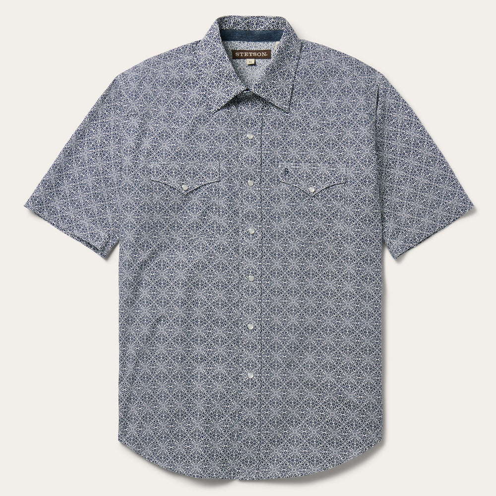 Navy Print Short Sleeve Western Shirt Blue | Stetson