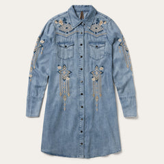Embroidered Denim Twill Shirt Dress Blue | Stetson