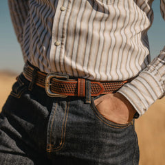 Pebble Leather Basket Weave Tabs Belt Natural/Brown | Stetson