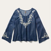 Embroidered Denim Peasant Blouse Blue | Stetson