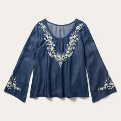Embroidered Denim Peasant Blouse Blue | Stetson
