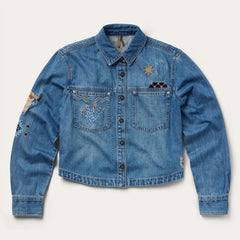 Embroidered Denim Button-Up Cropped Shirt Blue | Stetson