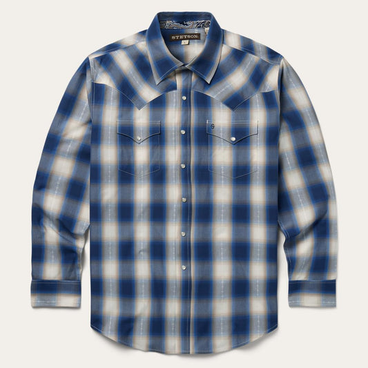 Blue Ombre Plaid Western Shirt Blue | Men Stetson Western Shirts