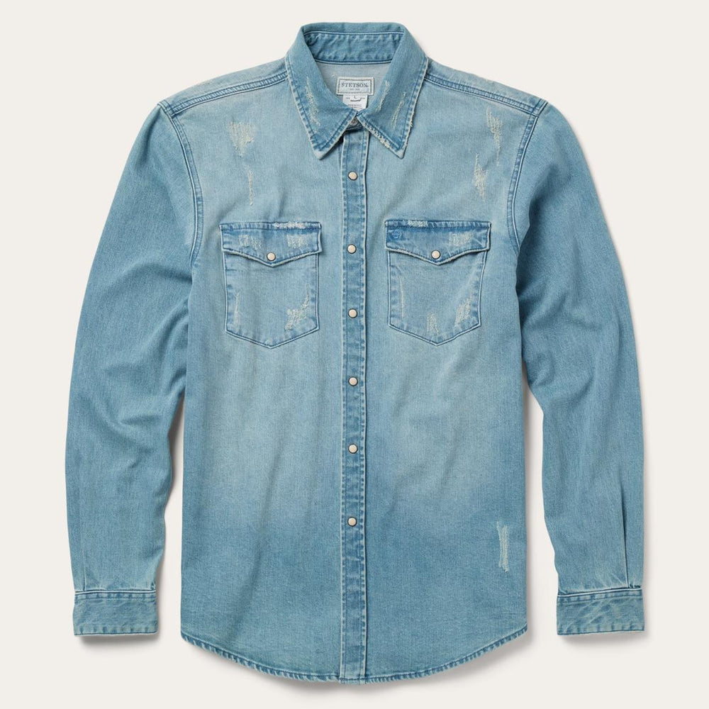 Distressed Denim Western Shirt Blue | Men Stetson Western Shirts