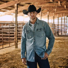 Distressed Denim Western Shirt Blue | Men Stetson Western Shirts