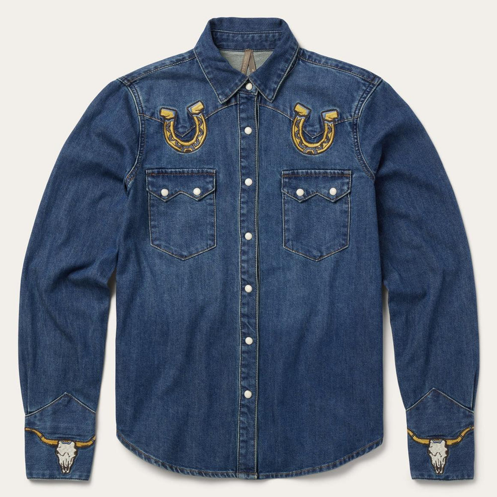 Embroidered Dark Denim Western Shirt Blue | Women Stetson Western Shirts