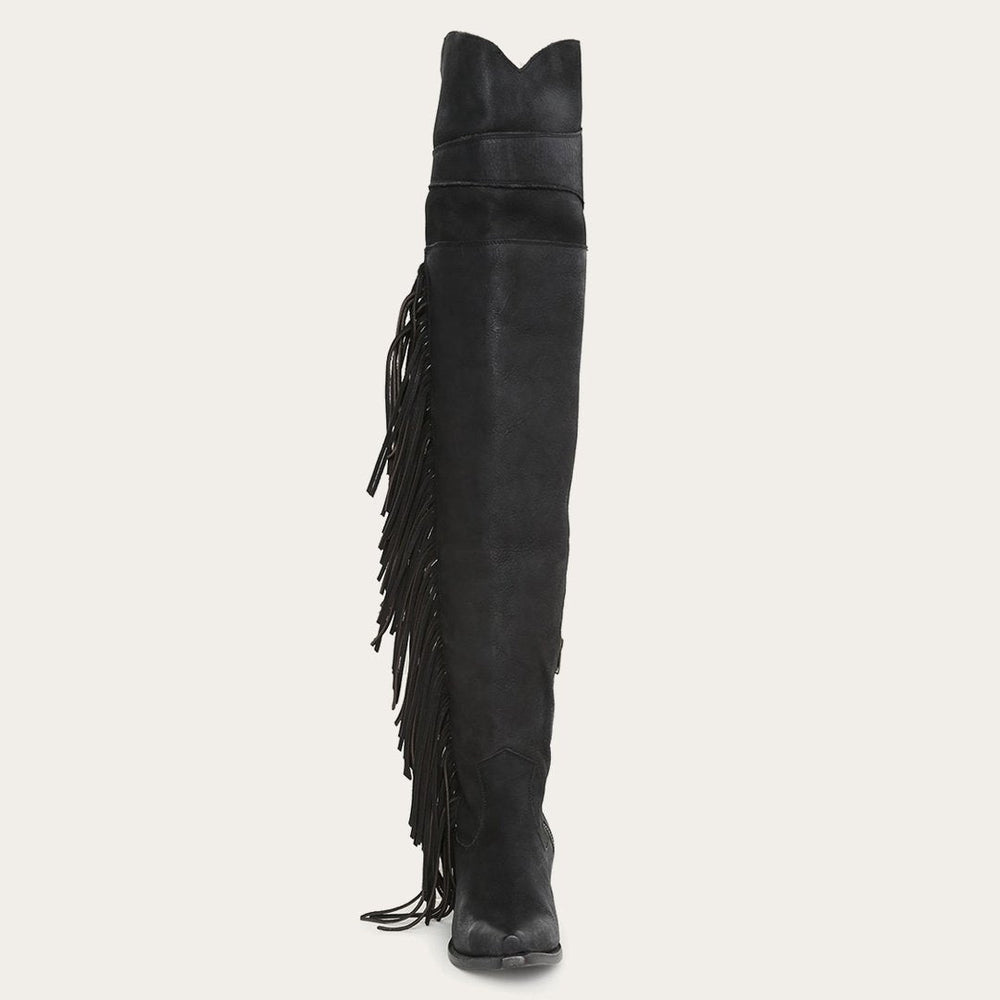 Glam Over-The-Knee Fringe Boot Black Leather | Women Stetson Western