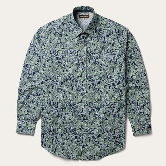 Greenspring Paisley Print Western Shirt Blue | Men Stetson Classic Cut