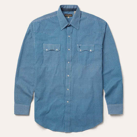 Micro Print Western Shirt Blue | Men Stetson Western Shirts