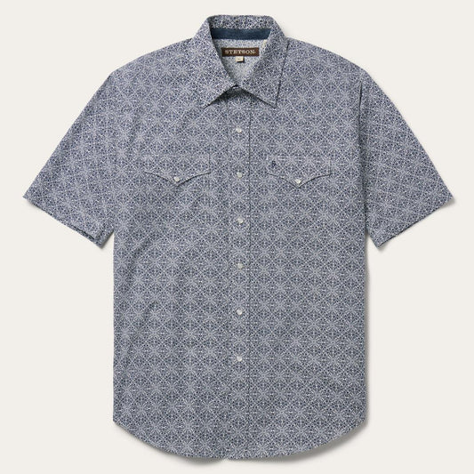 Navy Print Short Sleeve Western Shirt Blue | Men Stetson Classic Cut
