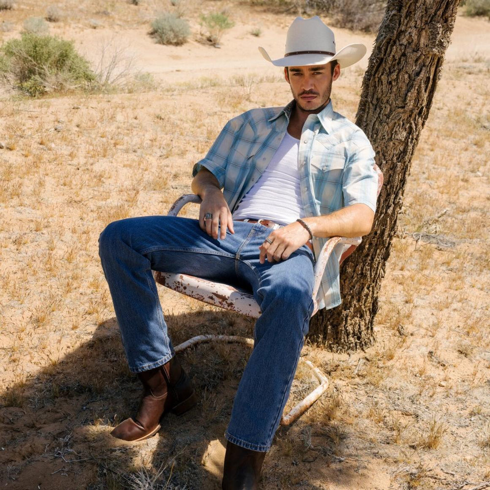 Ombre Plaid Short Sleeve Western Shirt Blue | Men Stetson Western Shirts