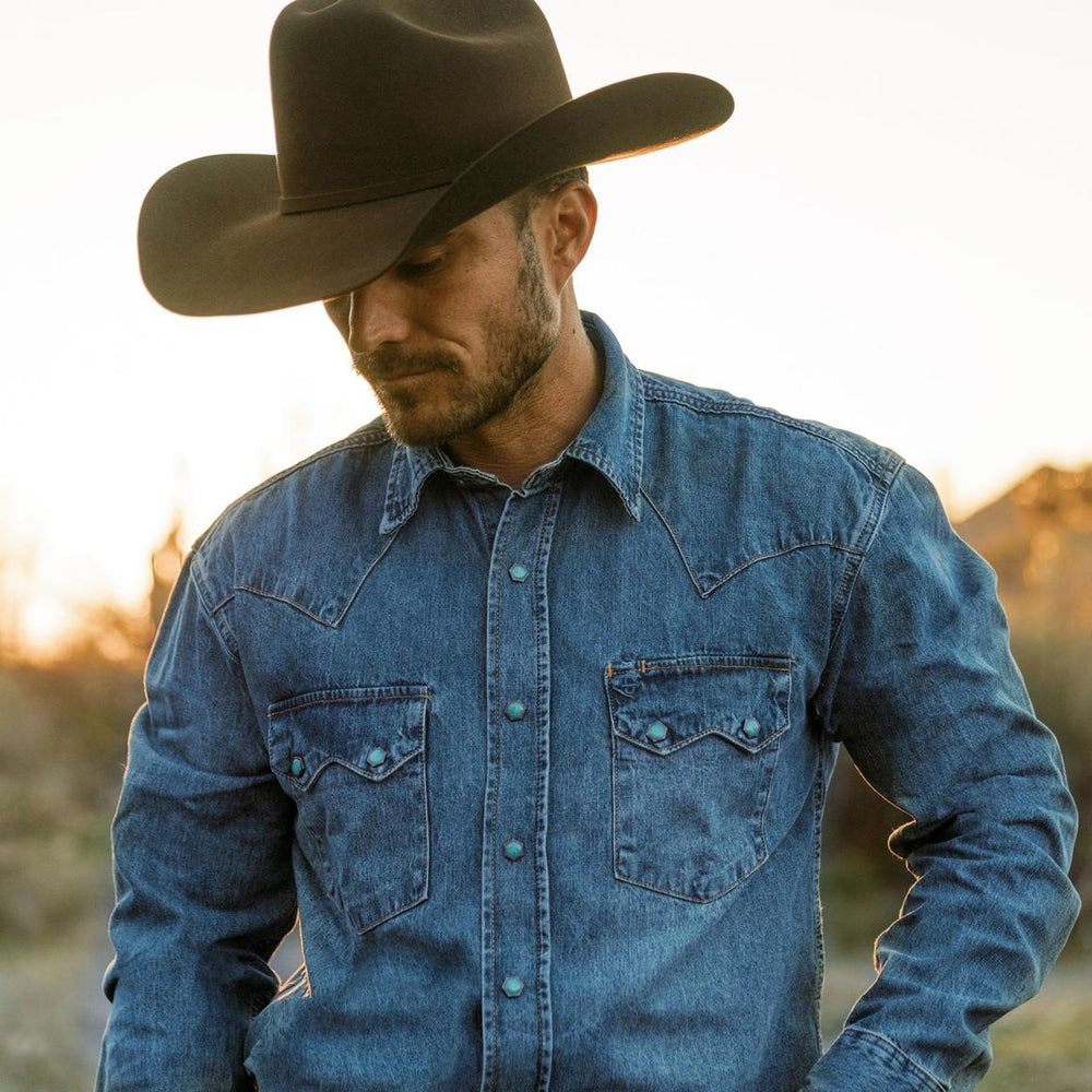 Turquoise Snap Western Denim Shirt Blue | Men Stetson Classic Cut