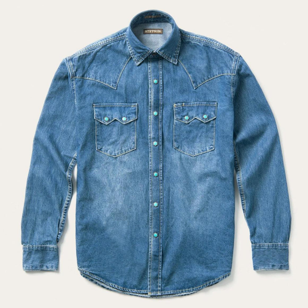 Turquoise Snap Western Denim Shirt Blue | Men Stetson Denim Shirts