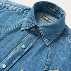 Turquoise Snap Western Denim Shirt Blue | Men Stetson Denim Shirts