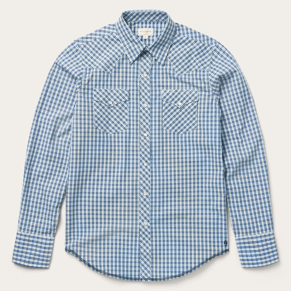 Modern Snap Front Shirt in Mini Check Blue | Stetson