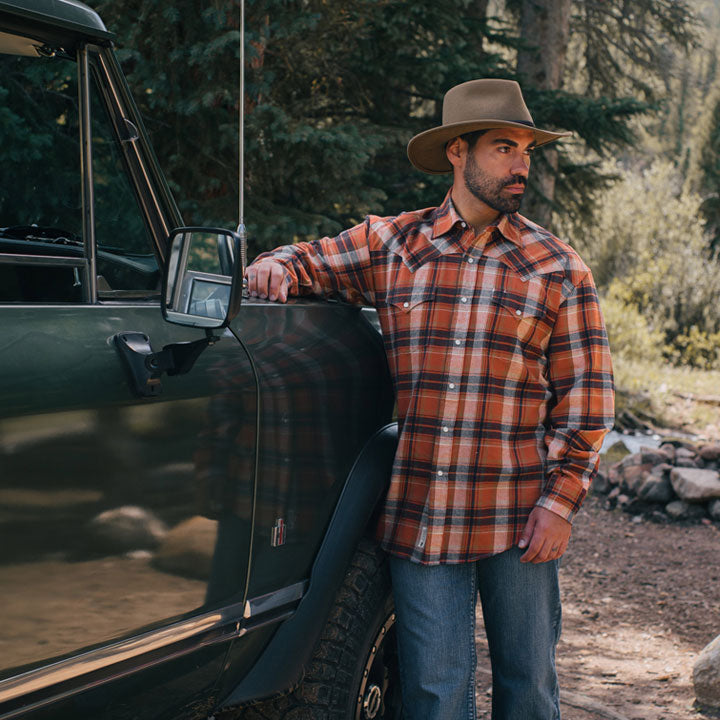 Brushed Twill Plaid Shirt Orange | Stetson