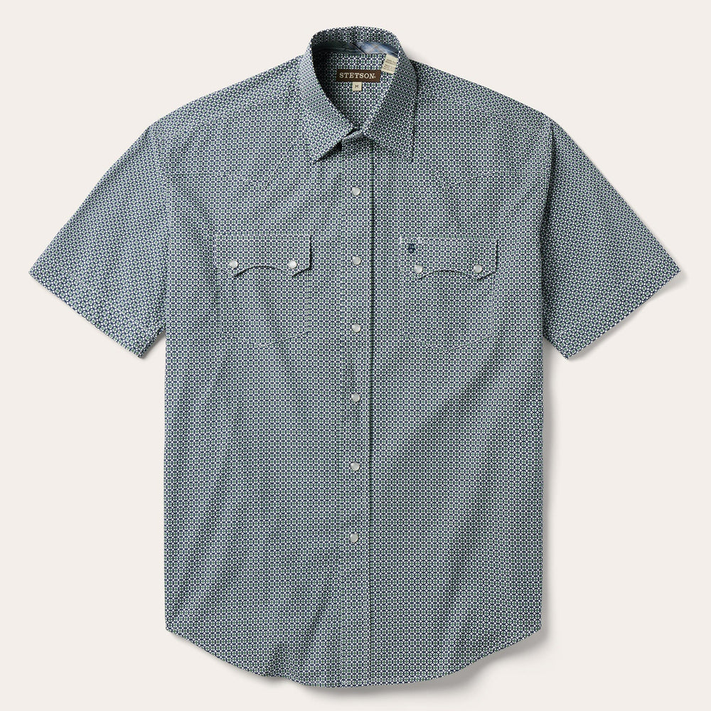 Circle Diamond Print Short Sleeve Western Shirt Green | Stetson