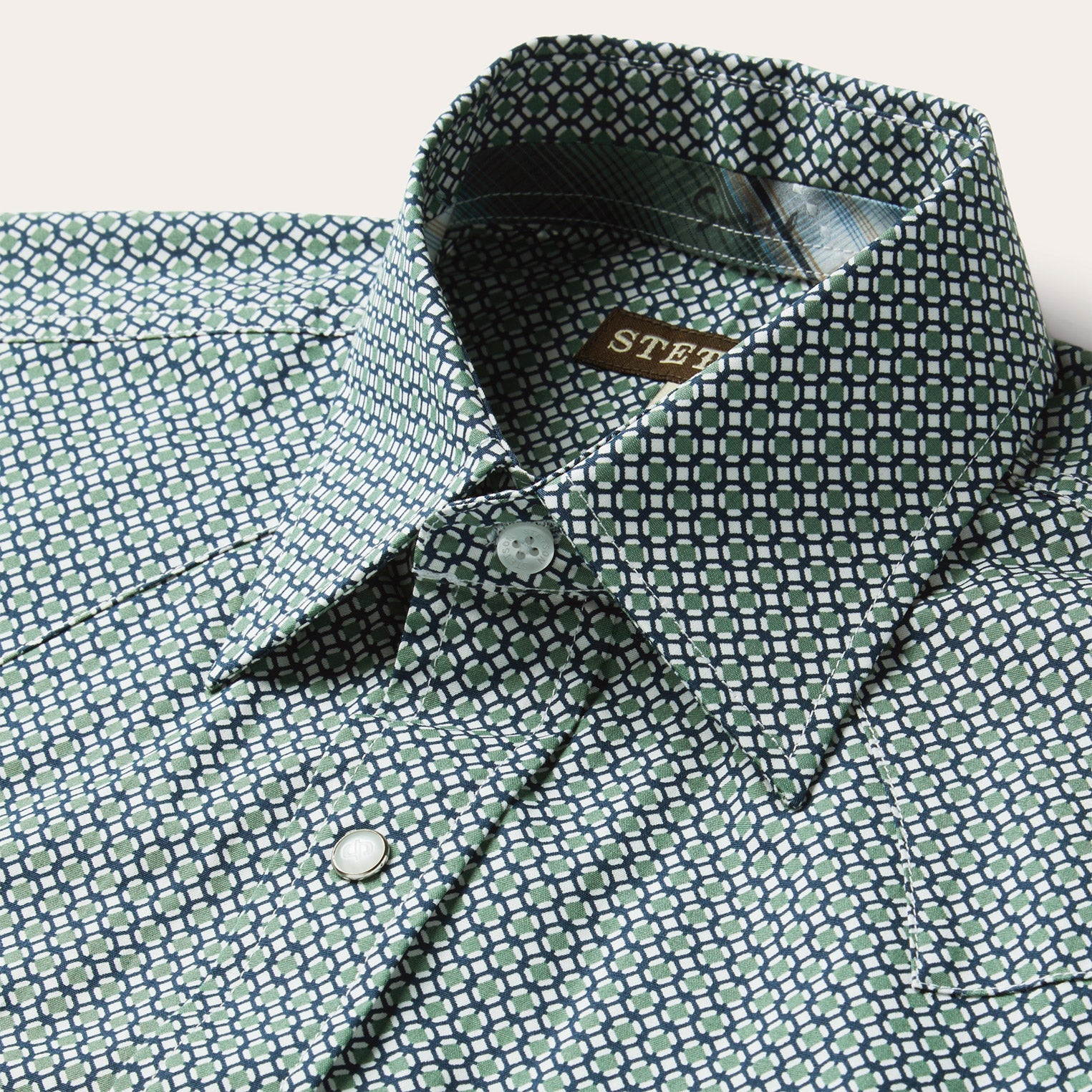 Circle Diamond Print Short Sleeve Western Shirt Green | Stetson