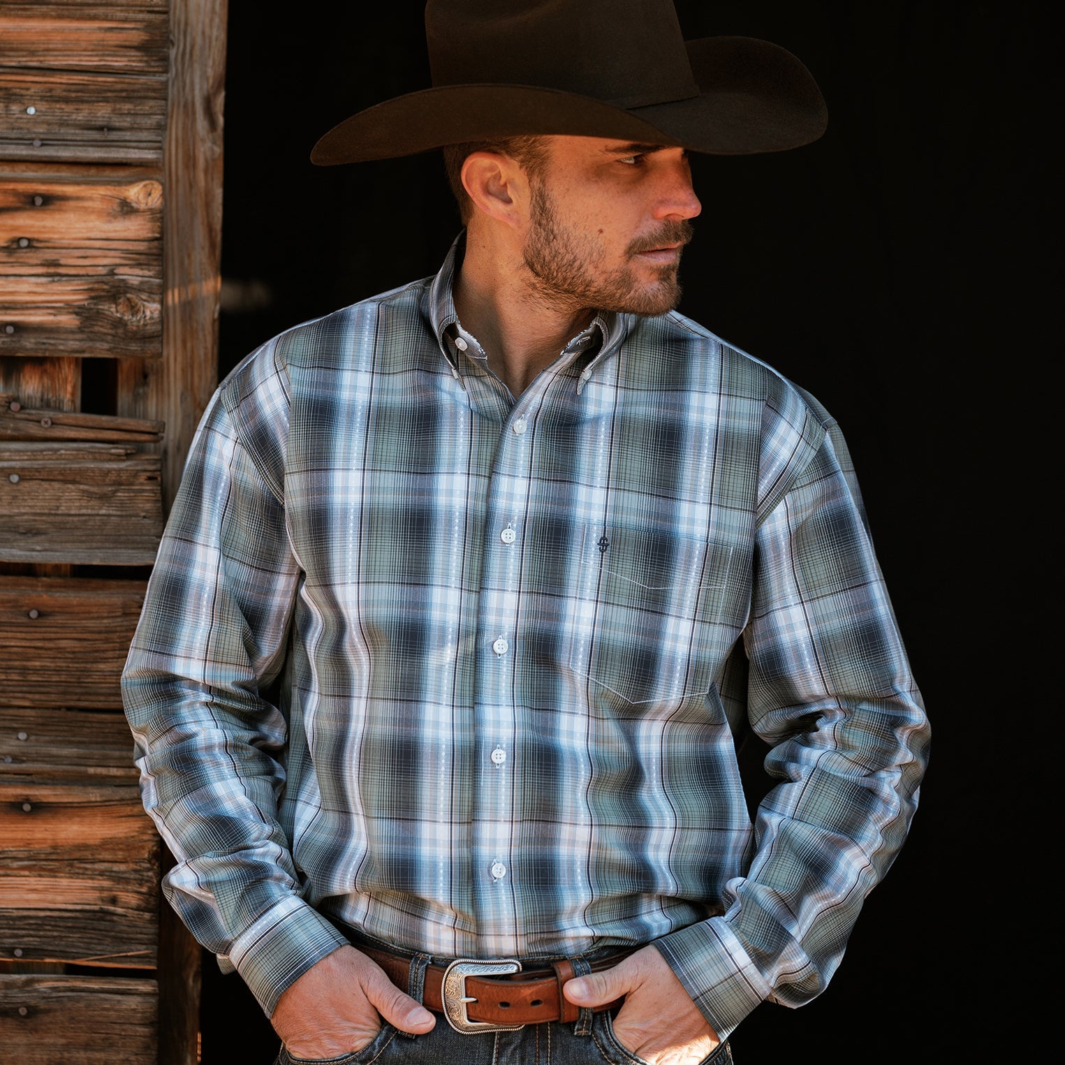 Lucky Diamond Plaid Button Front Shirt Green | Stetson
