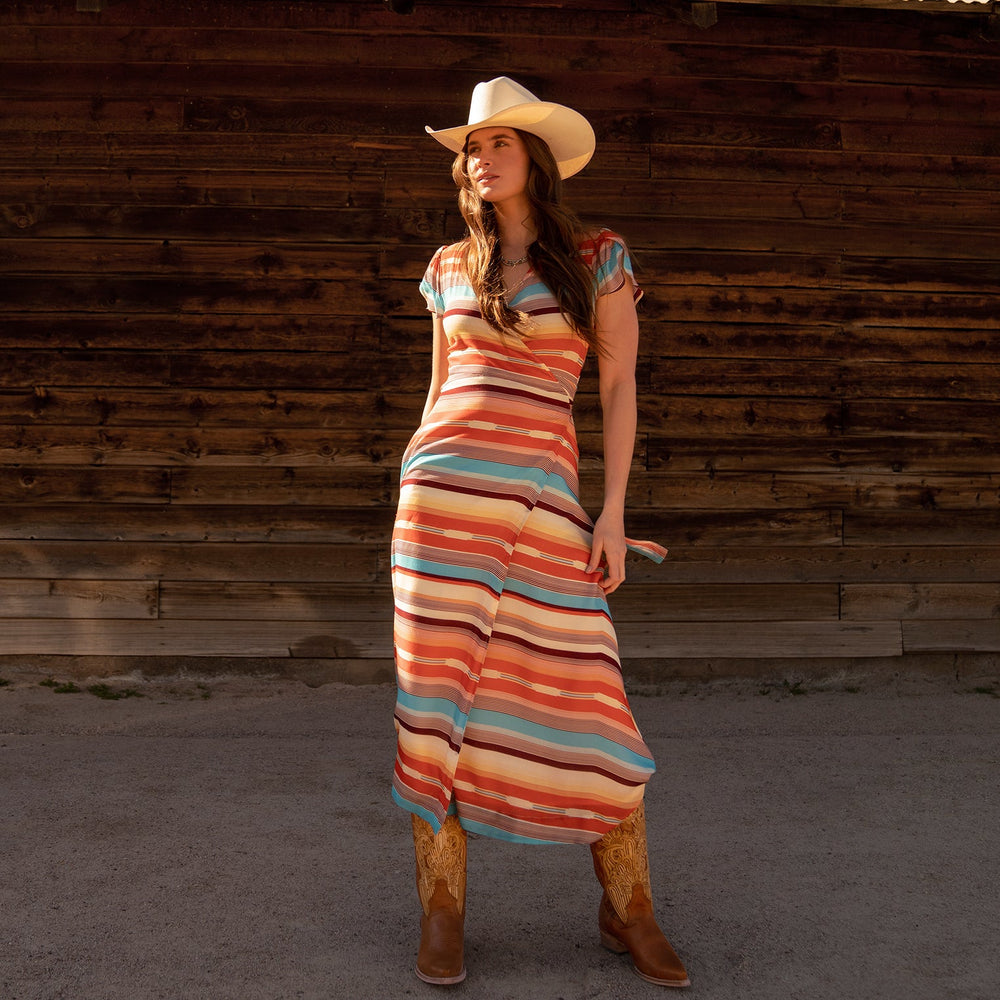 Sunset Serape Print Rayon Herringbone Wrap Front Dress Multi | Stetson