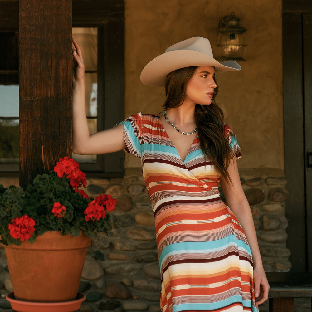Sunset Serape Print Rayon Herringbone Wrap Front Dress Multi | Stetson
