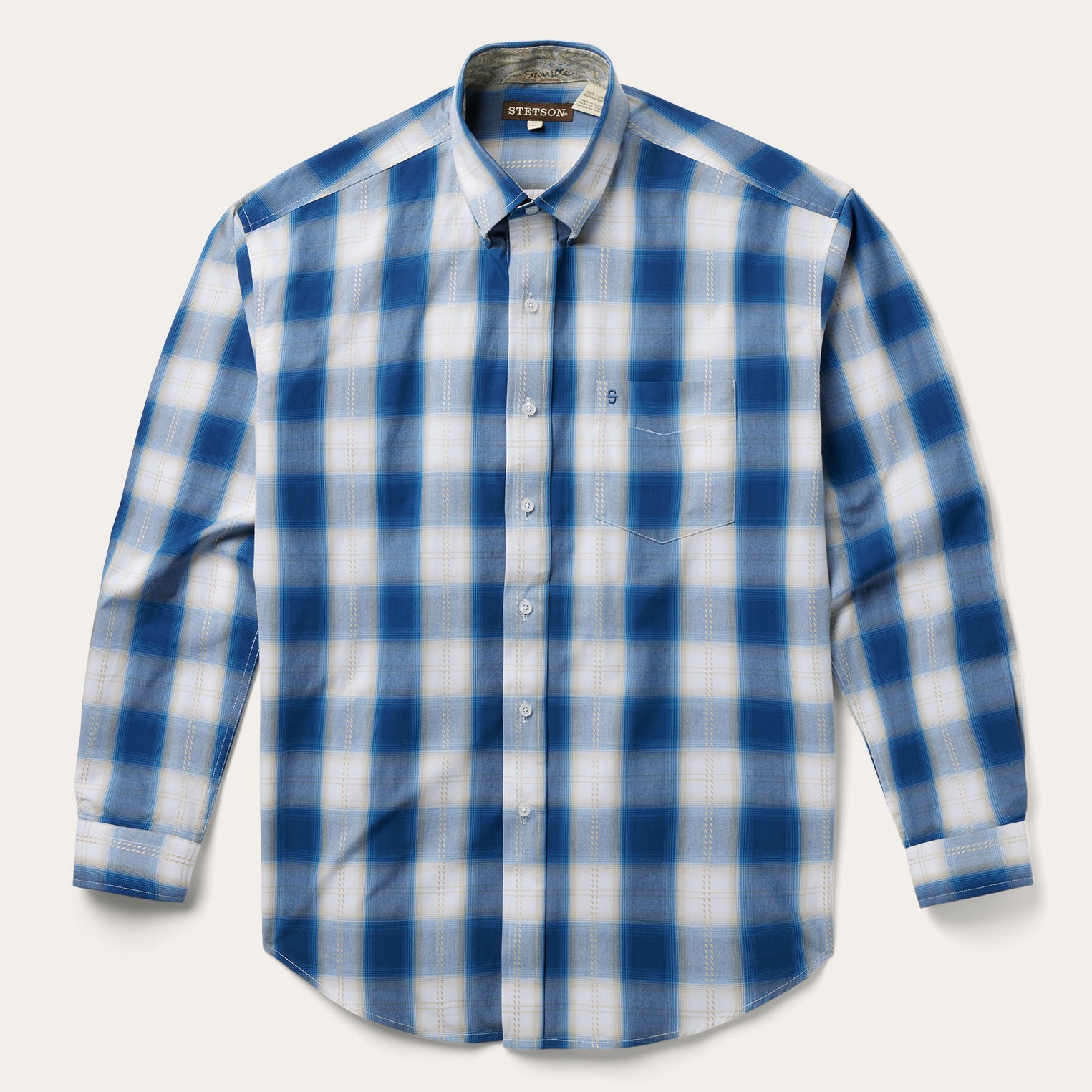 Navy Gold Ombre Plaid Short Sleeve Western Shirt Blue | Stetson