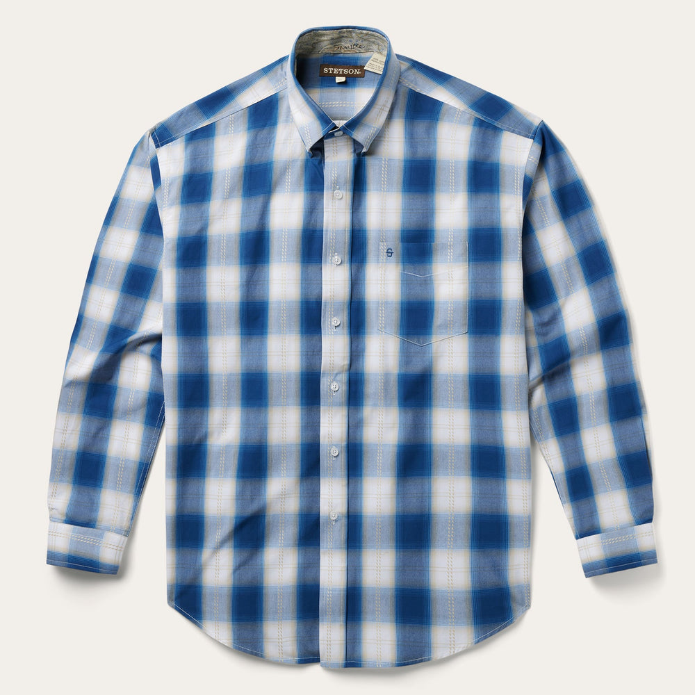 Navy Gold Ombre Plaid Short Sleeve Western Shirt Blue | Stetson