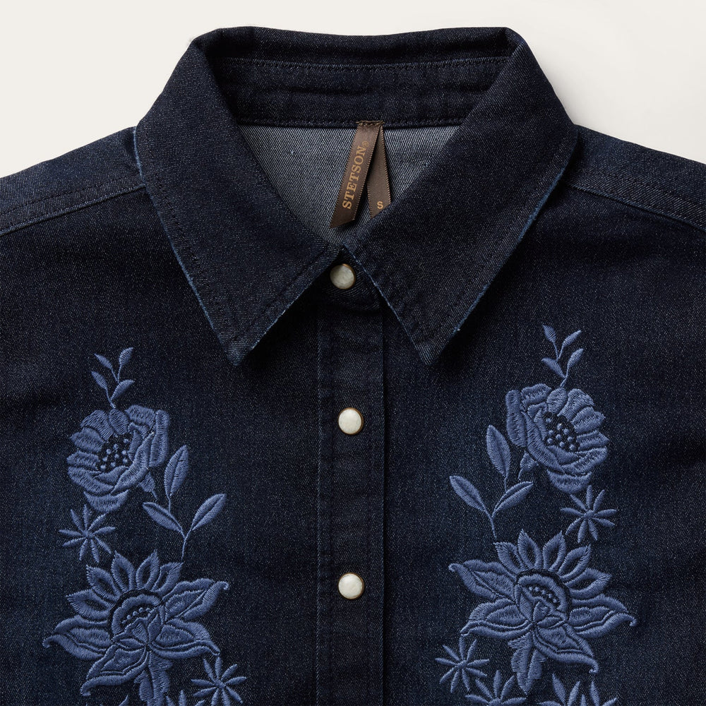 Embroidered Dark Denim Snap Front Shirt Blue | Stetson