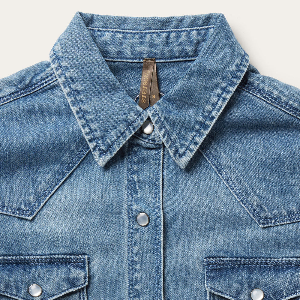 Embroidered Boyfriend Fit Denim Shirt Blue | Stetson