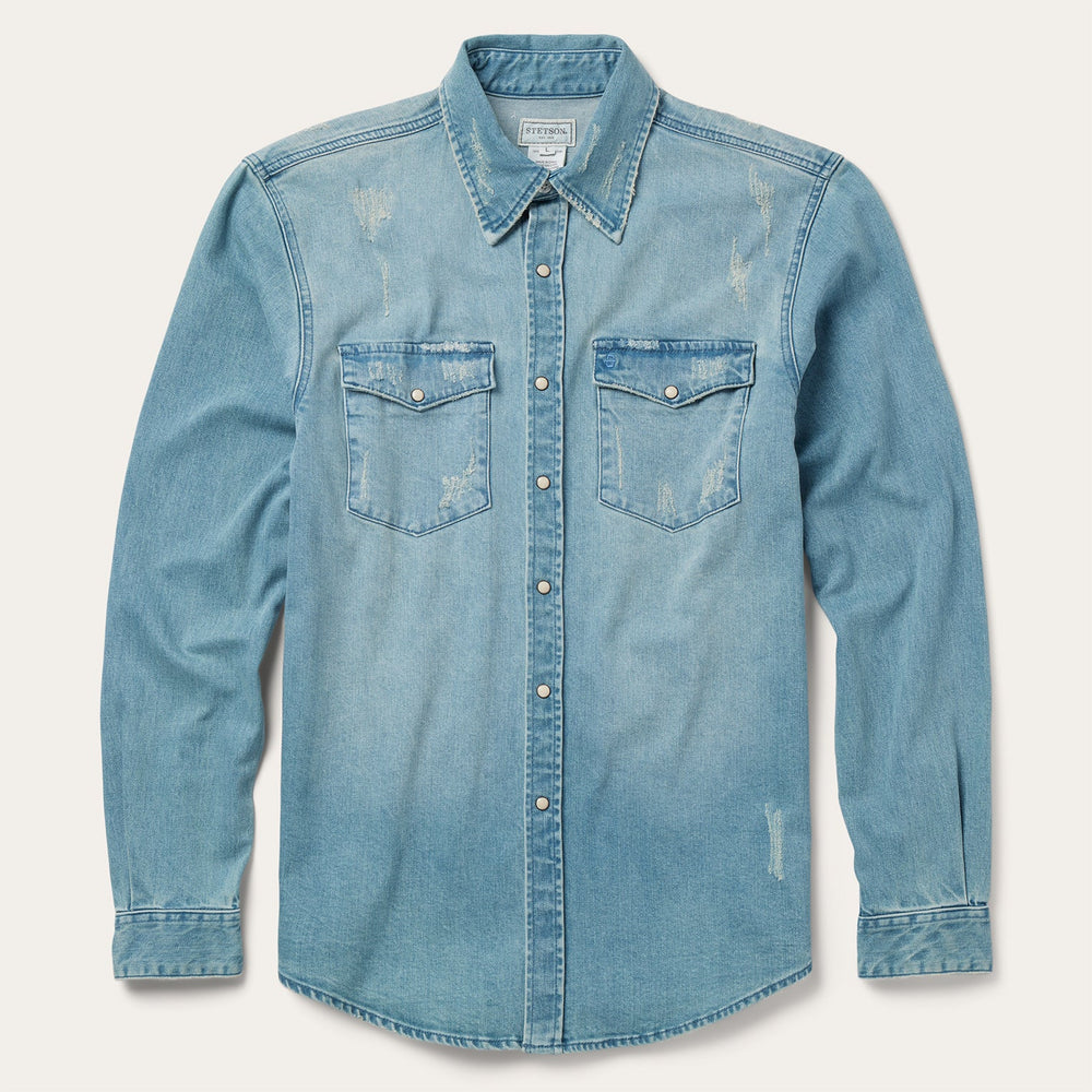 Distressed Denim Western Shirt Blue | Stetson