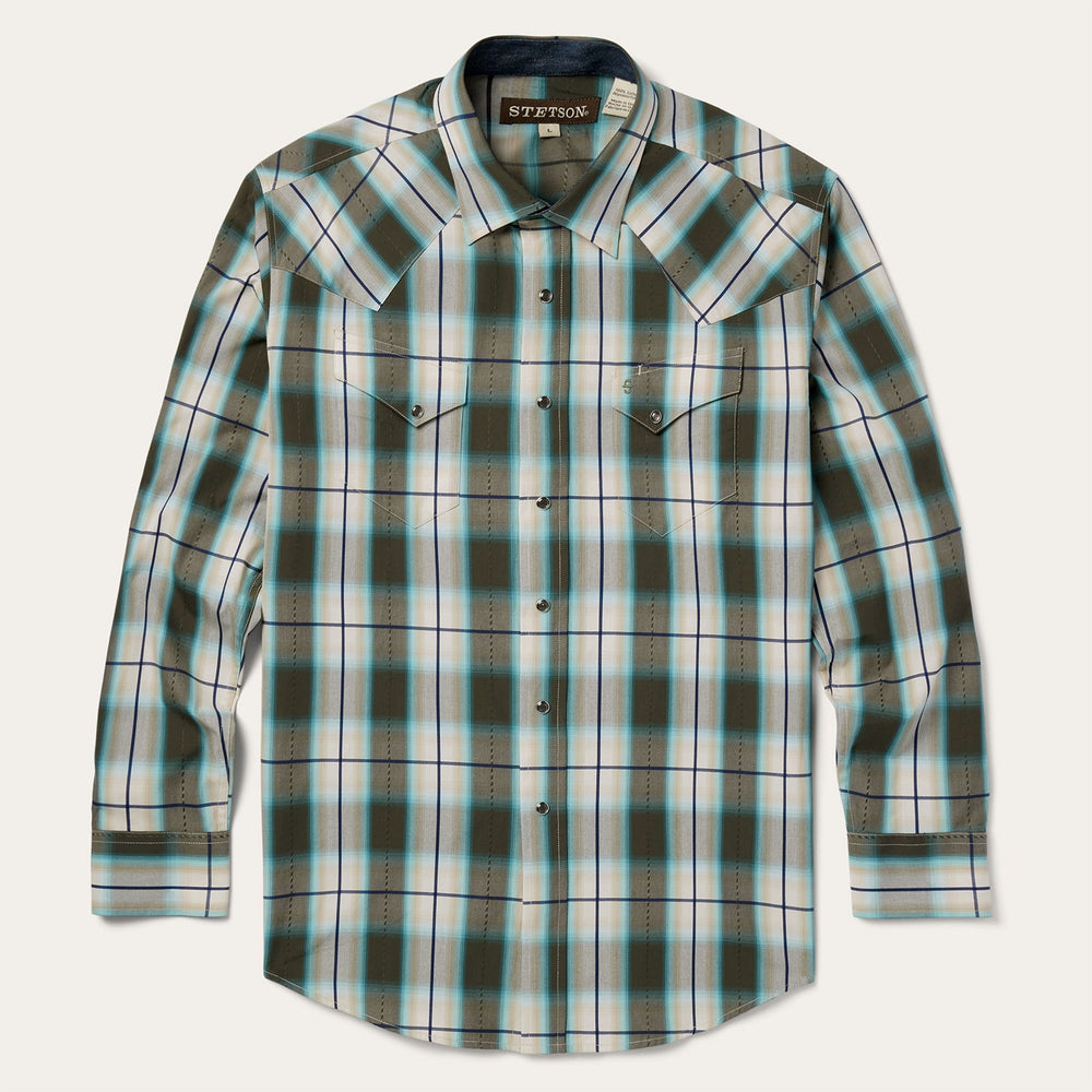 Olive Ombre Plaid Western Shirt Green | Stetson
