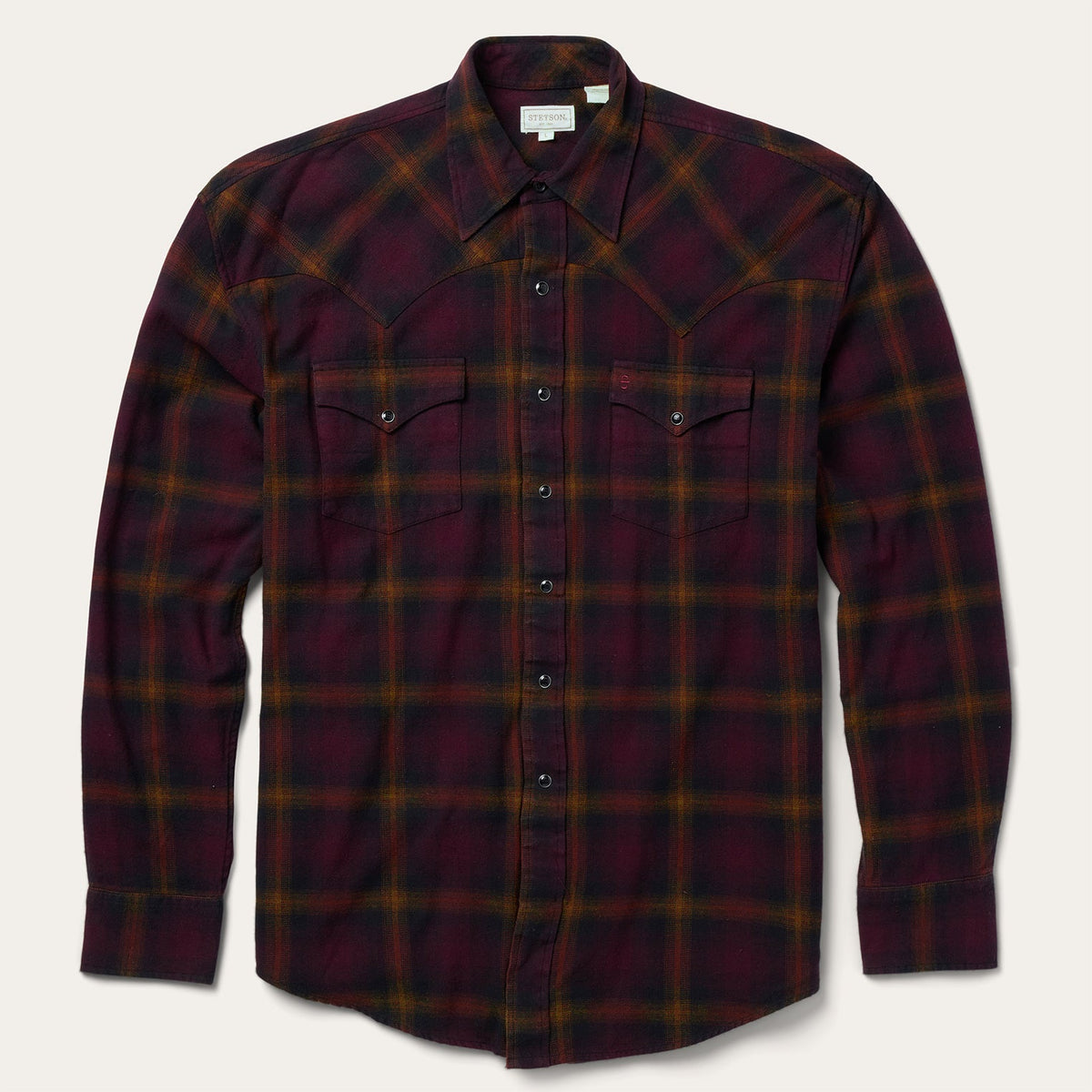 Black Wine Plaid Flannel Western Shirt Wine | Stetson