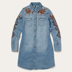 Floral Embroidered Denim Shirt Dress Blue | Stetson