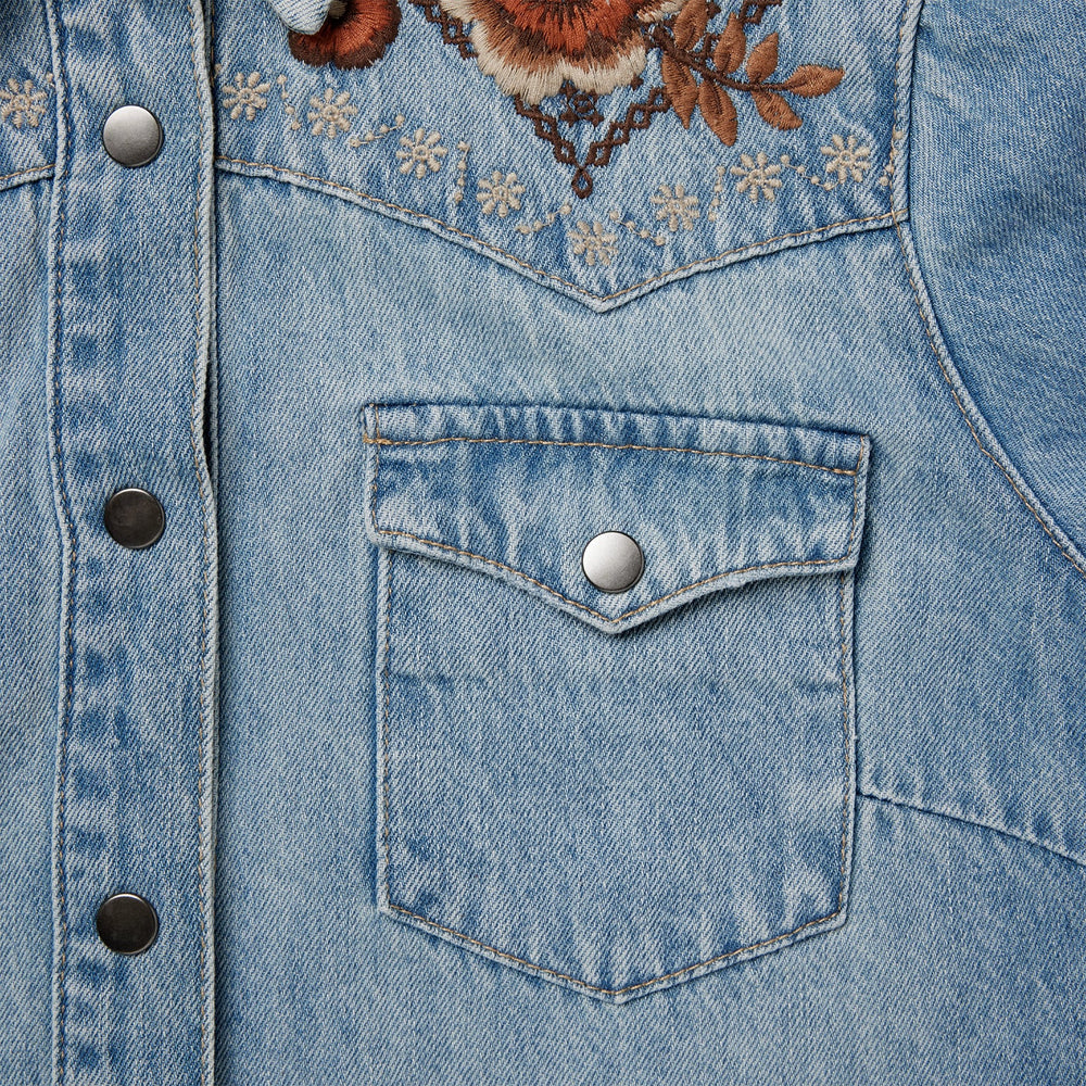 Floral Embroidered Denim Shirt Dress Blue | Stetson