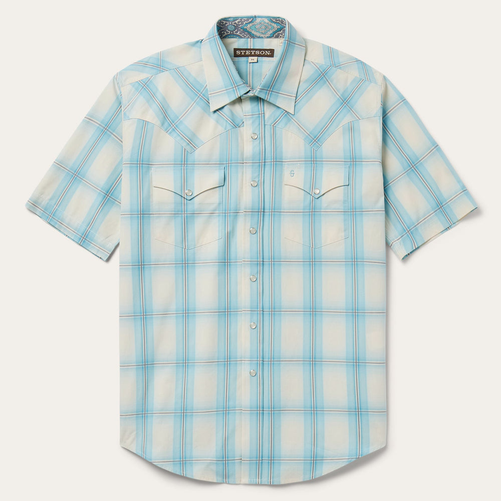 Ombre Plaid Short Sleeve Western Shirt Blue | Stetson