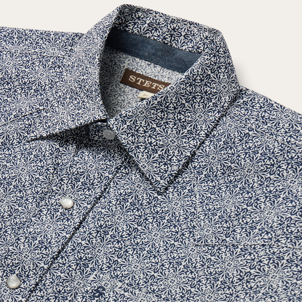 Navy Print Short Sleeve Western Shirt Blue | Stetson