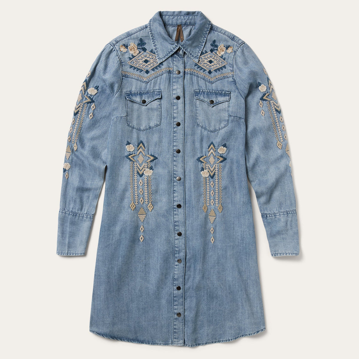 Embroidered Denim Twill Shirt Dress Blue | Stetson