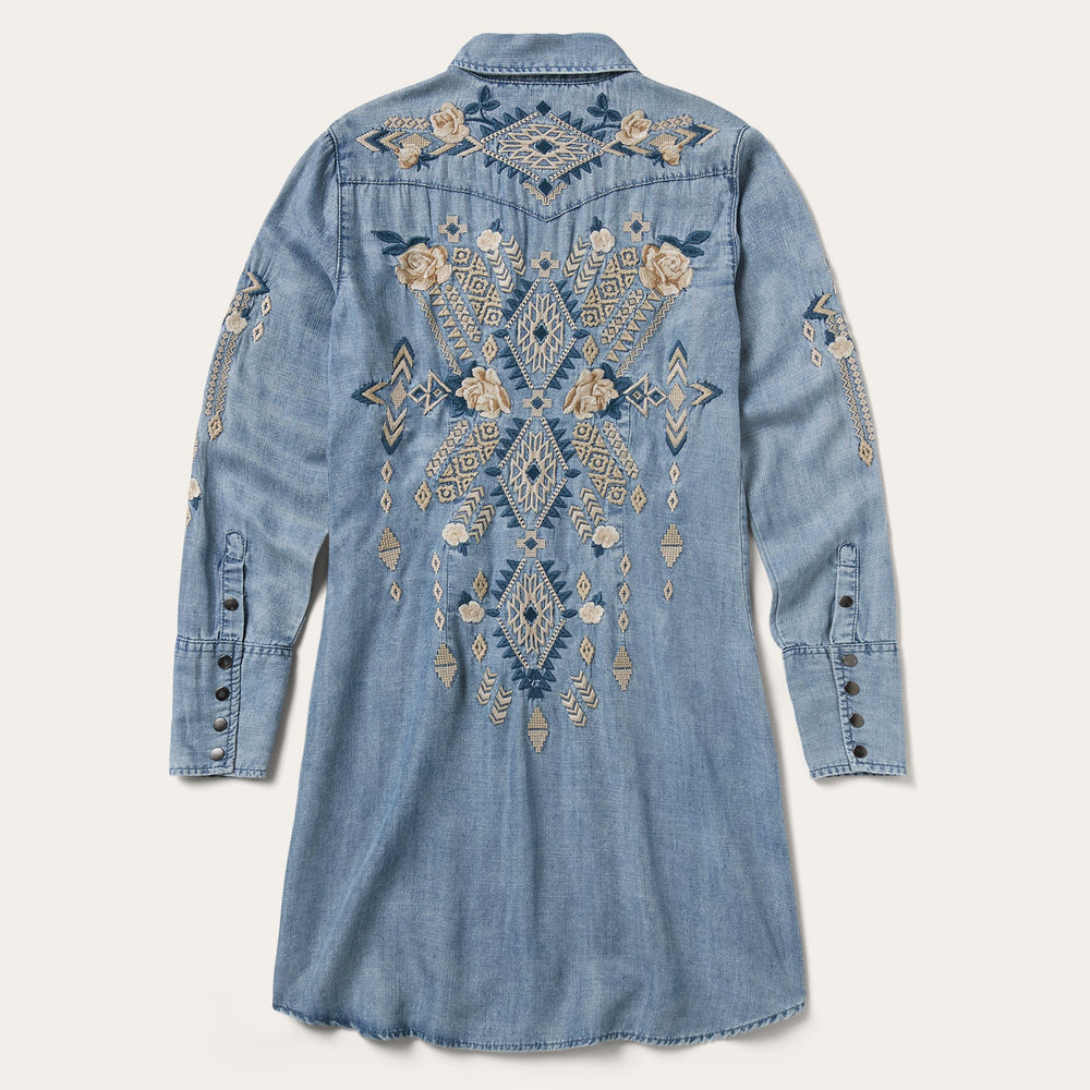 Embroidered Denim Twill Shirt Dress Blue | Stetson