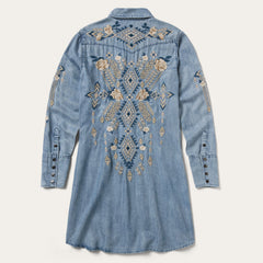 Embroidered Denim Twill Shirt Dress Blue | Stetson