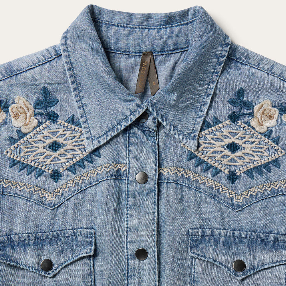 Embroidered Denim Twill Shirt Dress Blue | Stetson