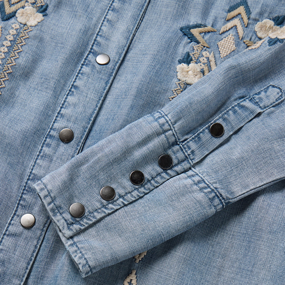 Embroidered Denim Twill Shirt Dress Blue | Stetson
