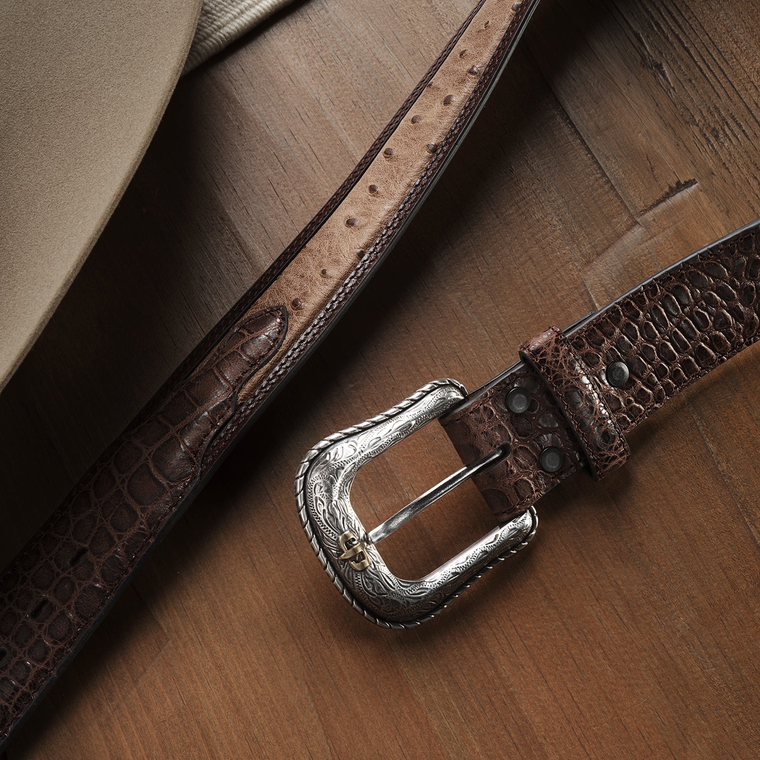 Ostrich Print Croco Embossed Western Tabs Belt Cognac/California Nut | Stetson