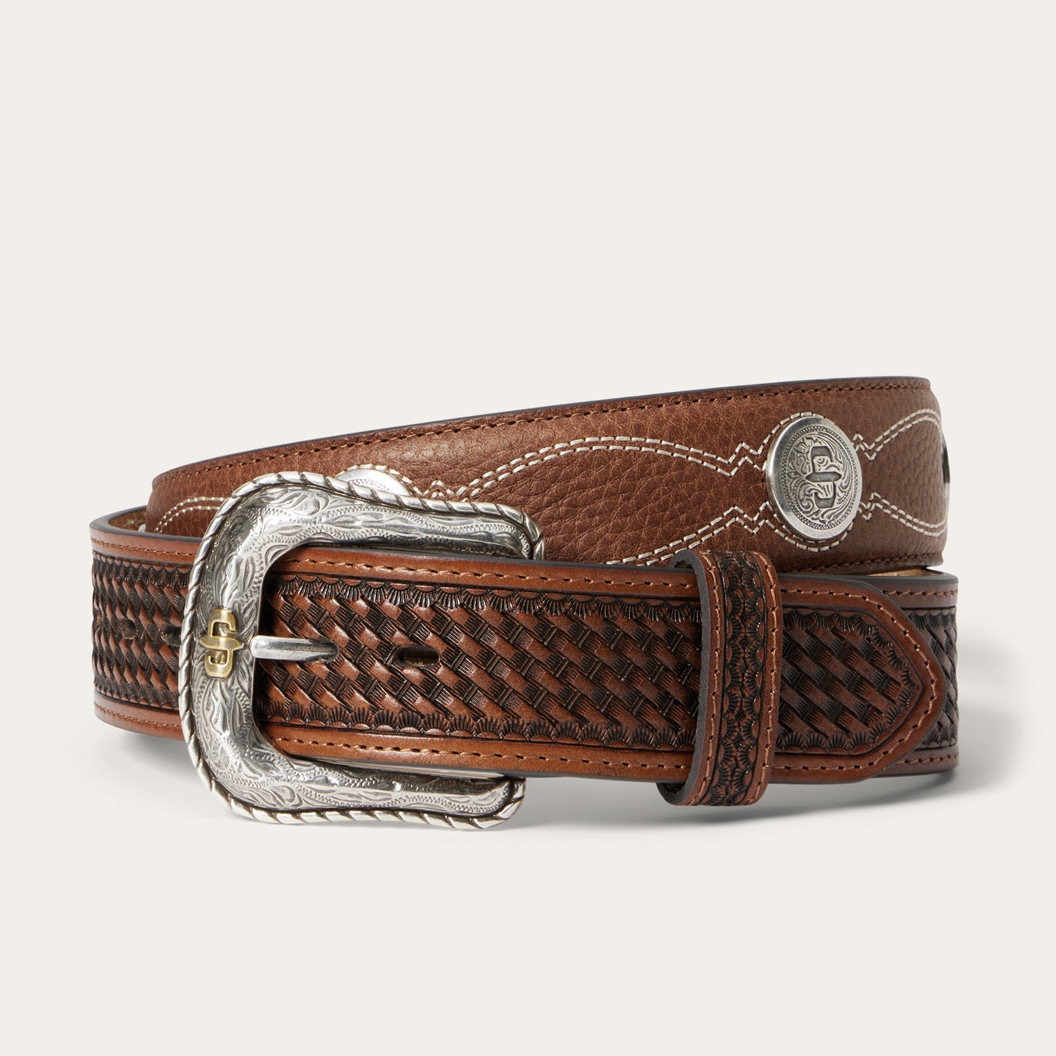 Pebble Leather Basket Weave Tabs Belt Natural/Brown | Stetson