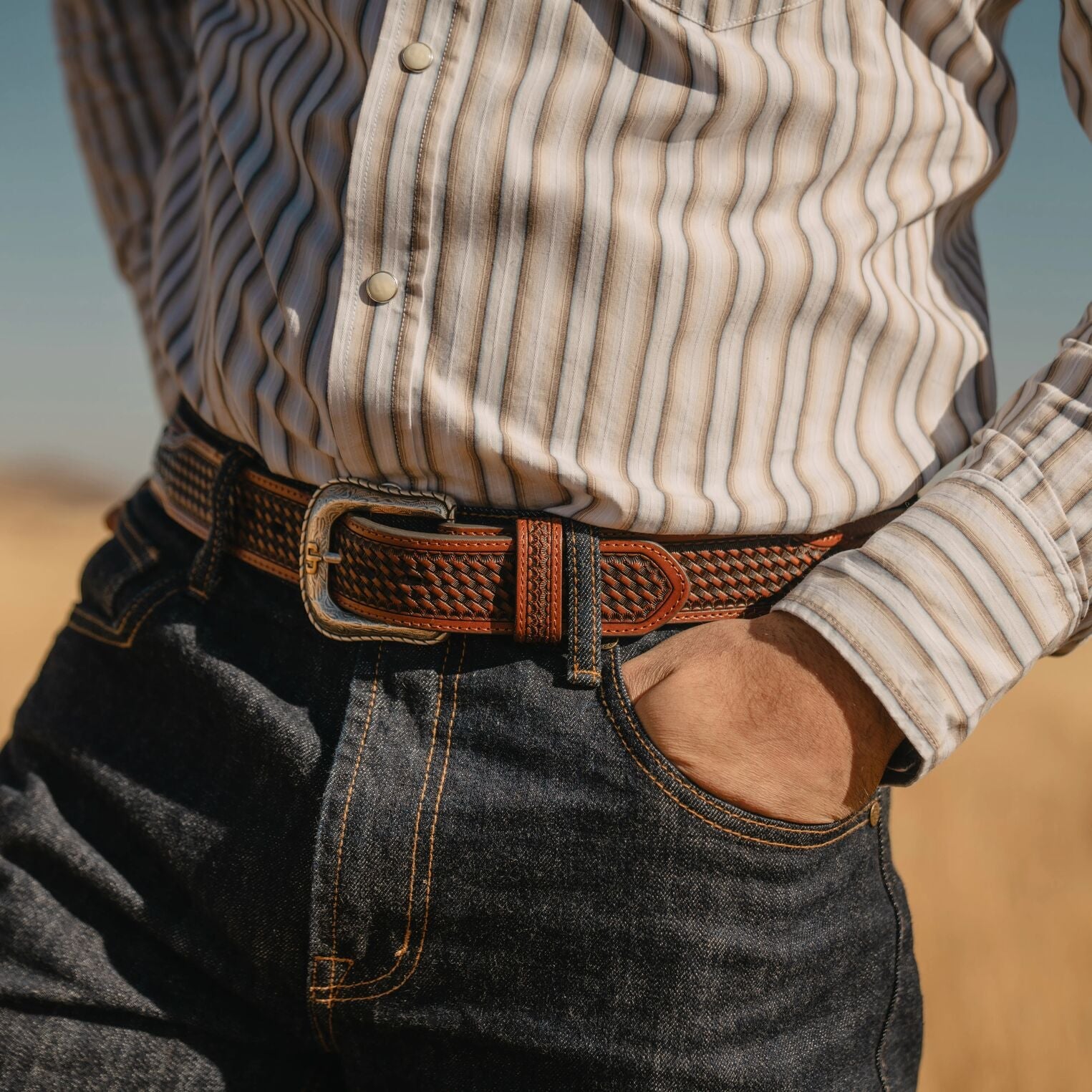 Pebble Leather Basket Weave Tabs Belt Natural/Brown | Stetson