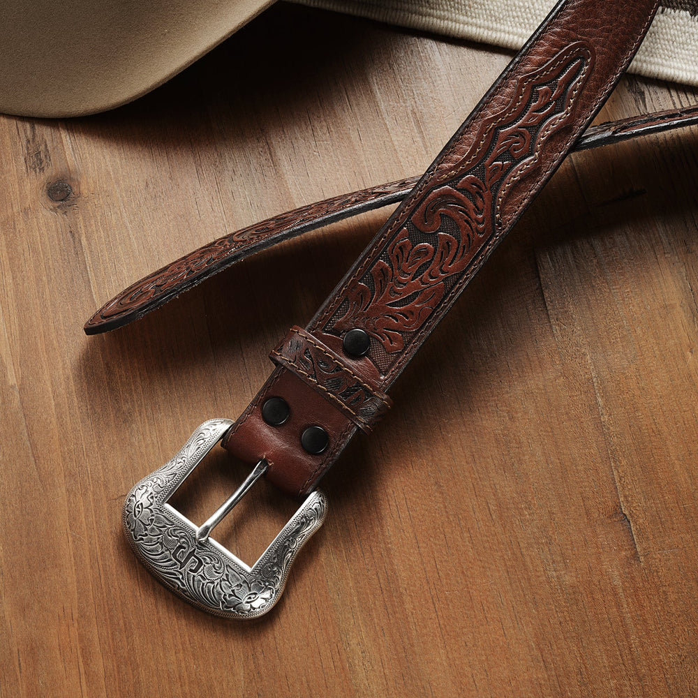 Bison Leather Tooled Tab Belt Hazelnut Bison | Stetson