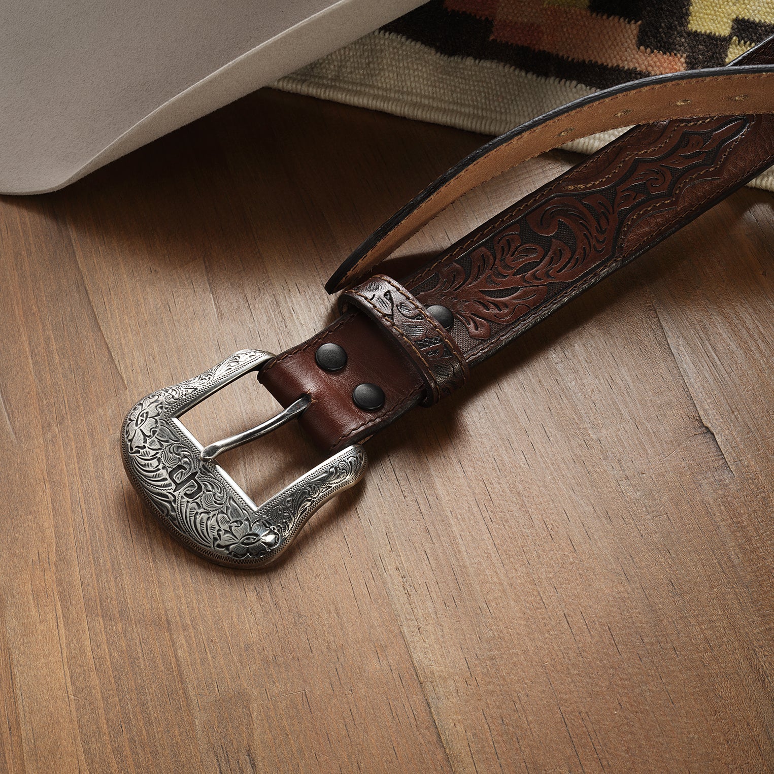 Bison Leather Tooled Tab Belt Hazelnut Bison | Stetson