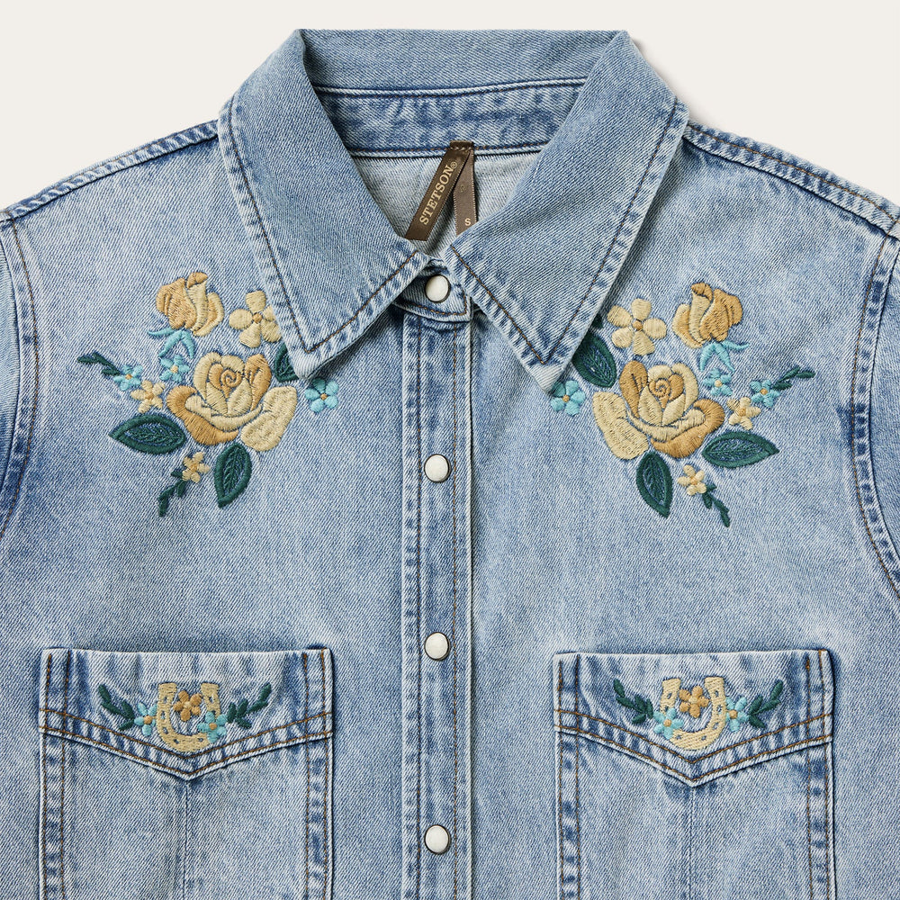 Embroidered Loose Fit Denim Shirt Blue | Stetson