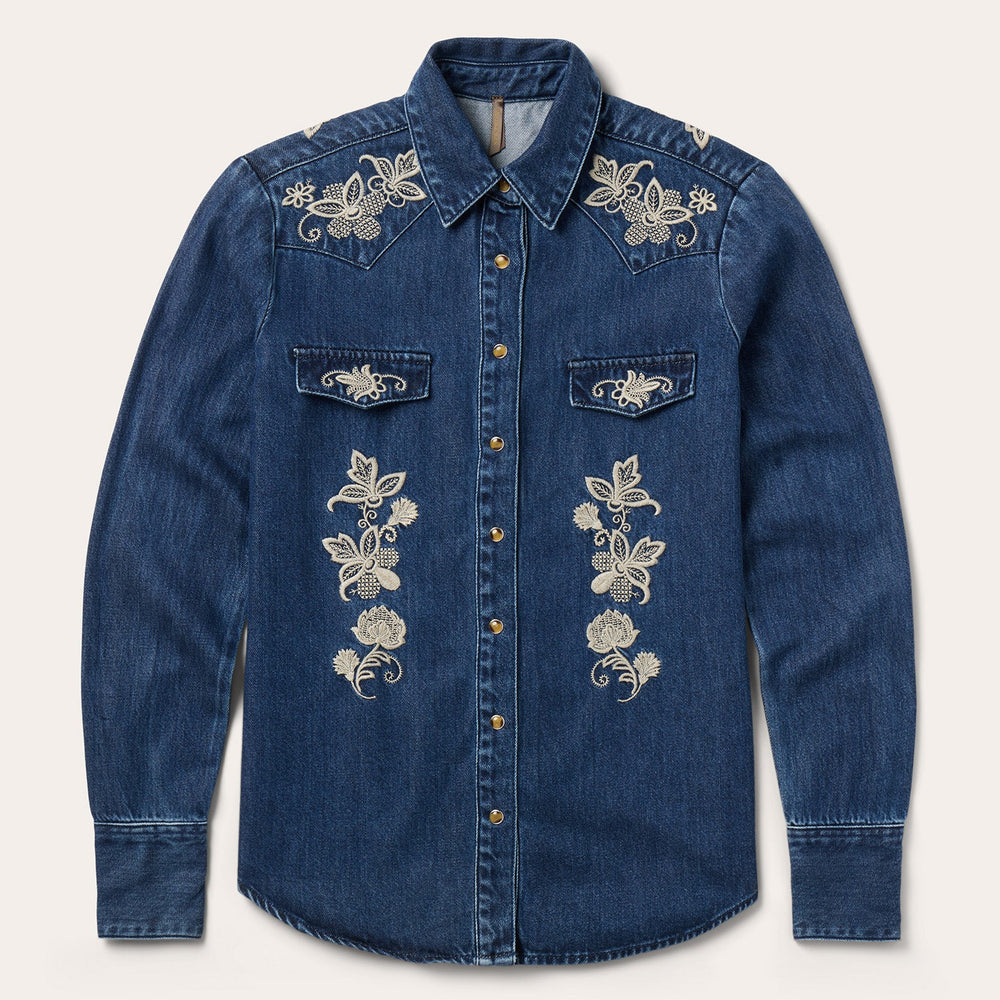 Floral Embroidered Dark Denim Shirt Blue | Stetson