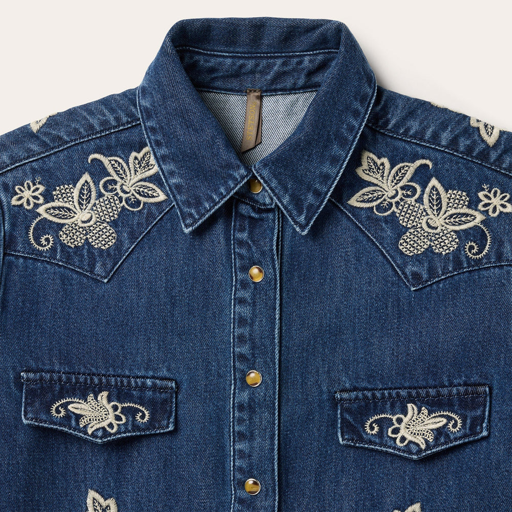 Floral Embroidered Dark Denim Shirt Blue | Stetson